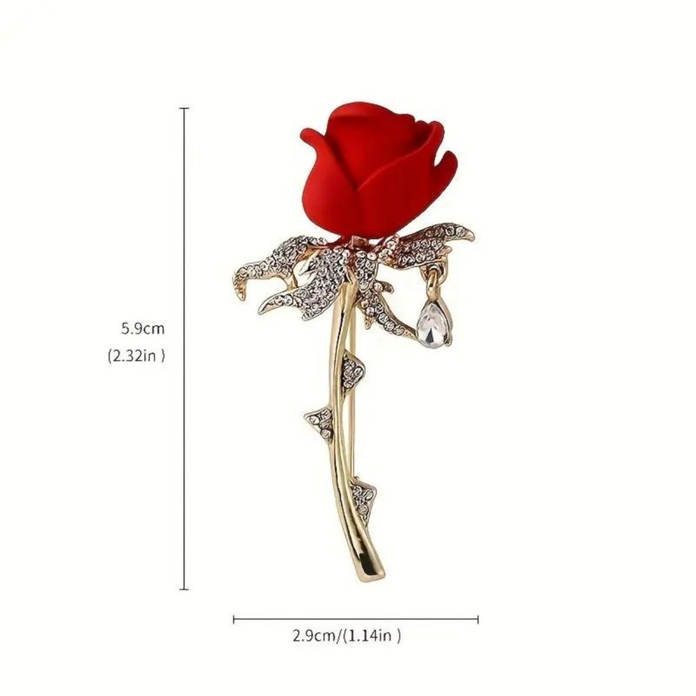 Red Rose Brooch With Dangle Rhinestone Dewdrop - Picture 3 of 3